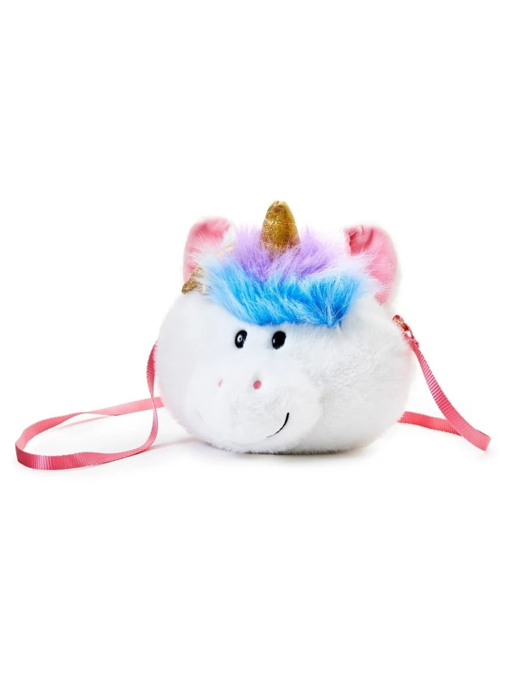 FAO Schwarz White Unicorn Plush Crossbody Bag with Pastel Blue & Lavender Mane